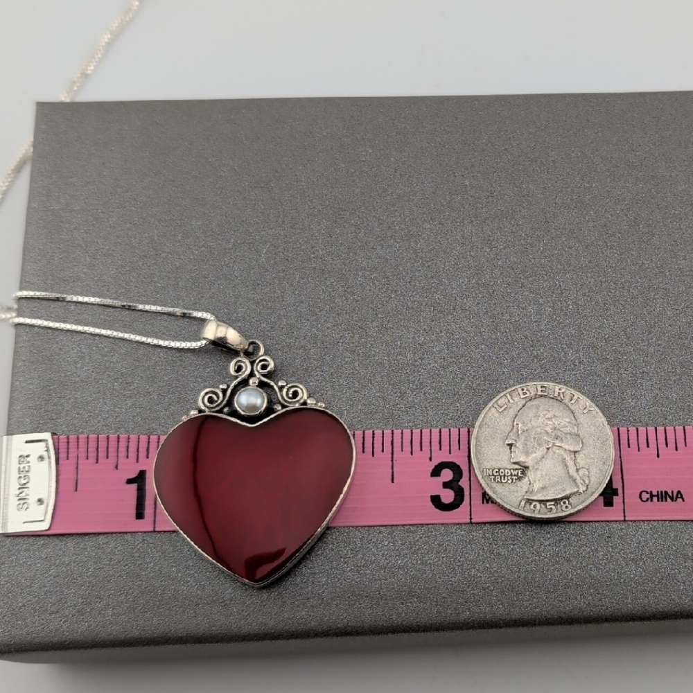 Sterling Silver Heart Pendant Necklace with Red Coral And Pearl - Picture 3 of 6